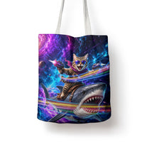 Cat Riding Shark In Space Tote Bag Funny Cosmic Laser Cat And Shark Surreal Sci-Fi