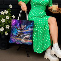 Cat Riding Shark In Space Tote Bag Funny Cosmic Laser Cat And Shark Surreal Sci-Fi