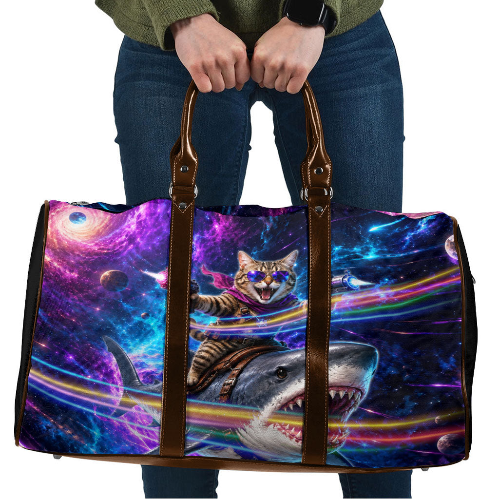 Cat Riding Shark In Space Travel Bag Funny Cosmic Laser Cat And Shark Surreal Sci-Fi