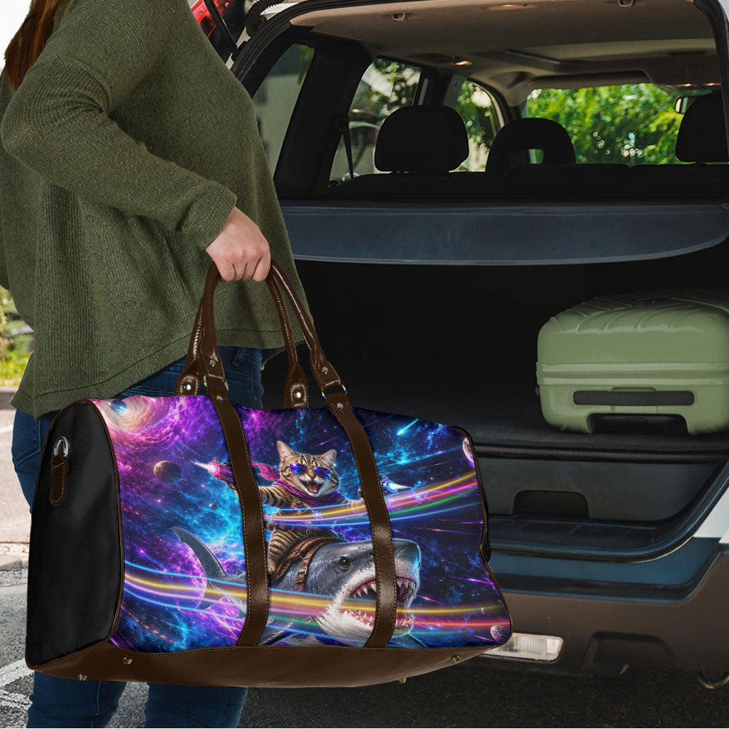 Cat Riding Shark In Space Travel Bag Funny Cosmic Laser Cat And Shark Surreal Sci-Fi