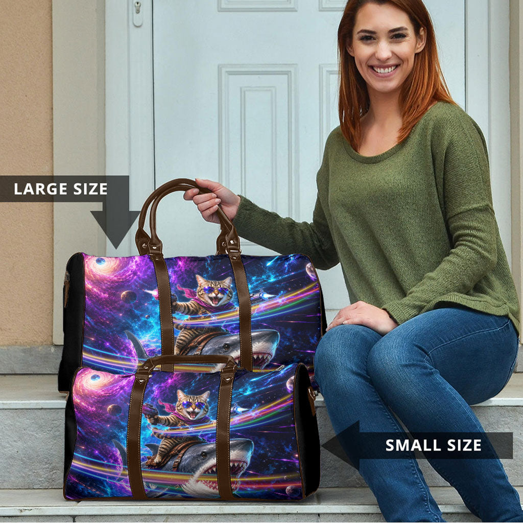Cat Riding Shark In Space Travel Bag Funny Cosmic Laser Cat And Shark Surreal Sci-Fi