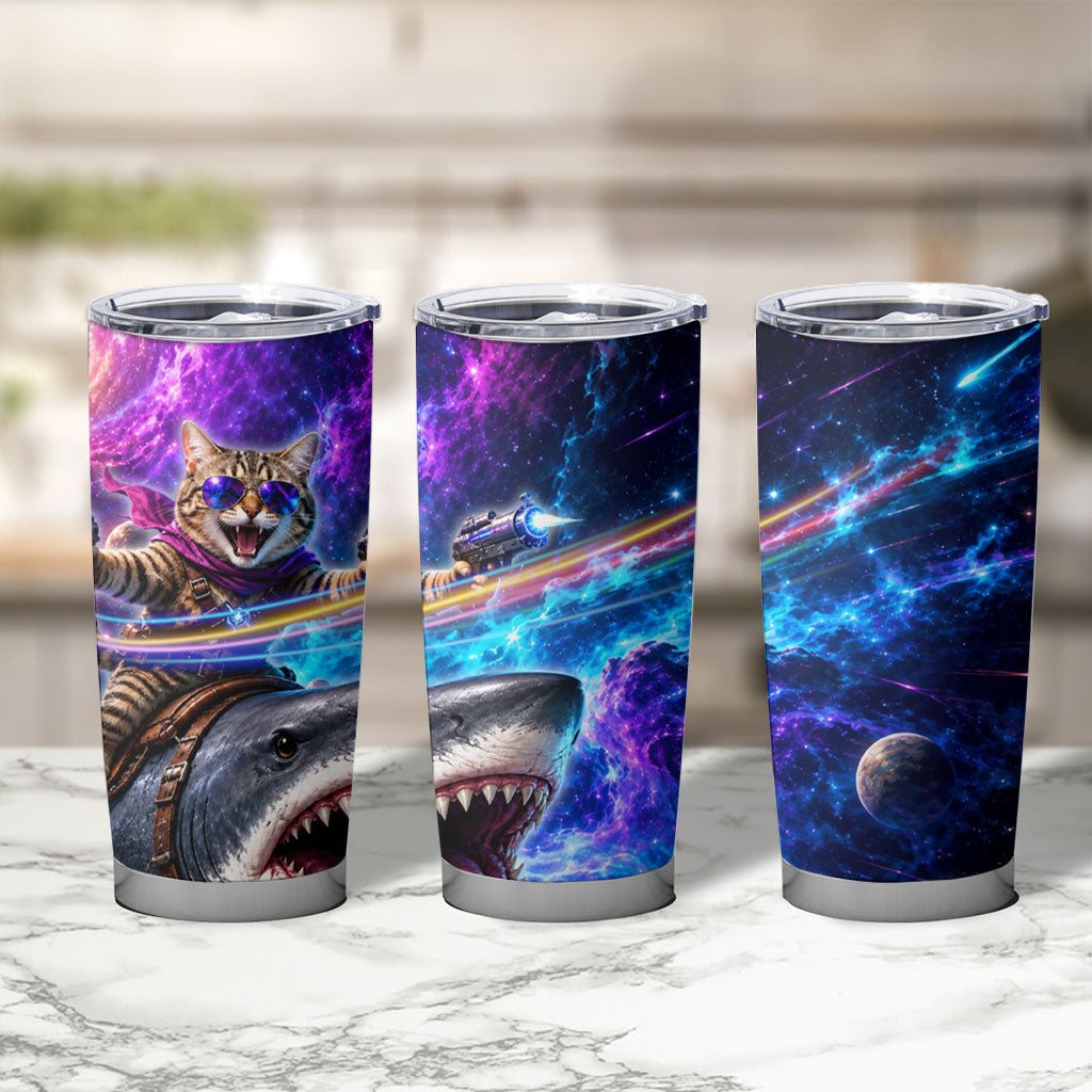 Cat Riding Shark In Space Tumbler Cup Funny Cosmic Laser Cat And Shark Surreal Sci-Fi