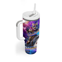 Cat Riding Shark In Space Tumbler With Handle Funny Cosmic Laser Cat And Shark Surreal Sci-Fi