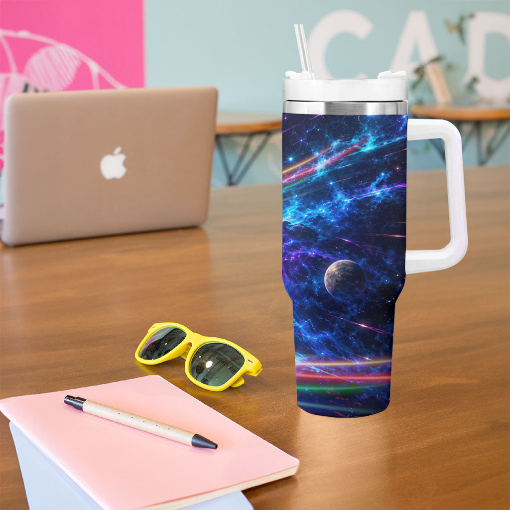 Cat Riding Shark In Space Tumbler With Handle Funny Cosmic Laser Cat And Shark Surreal Sci-Fi