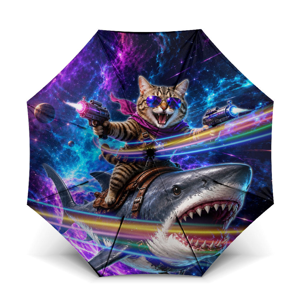 Cat Riding Shark In Space Umbrella Funny Cosmic Laser Cat And Shark Surreal Sci-Fi