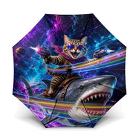 Cat Riding Shark In Space Umbrella Funny Cosmic Laser Cat And Shark Surreal Sci-Fi