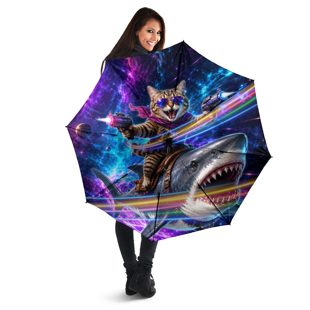 Cat Riding Shark In Space Umbrella Funny Cosmic Laser Cat And Shark Surreal Sci-Fi