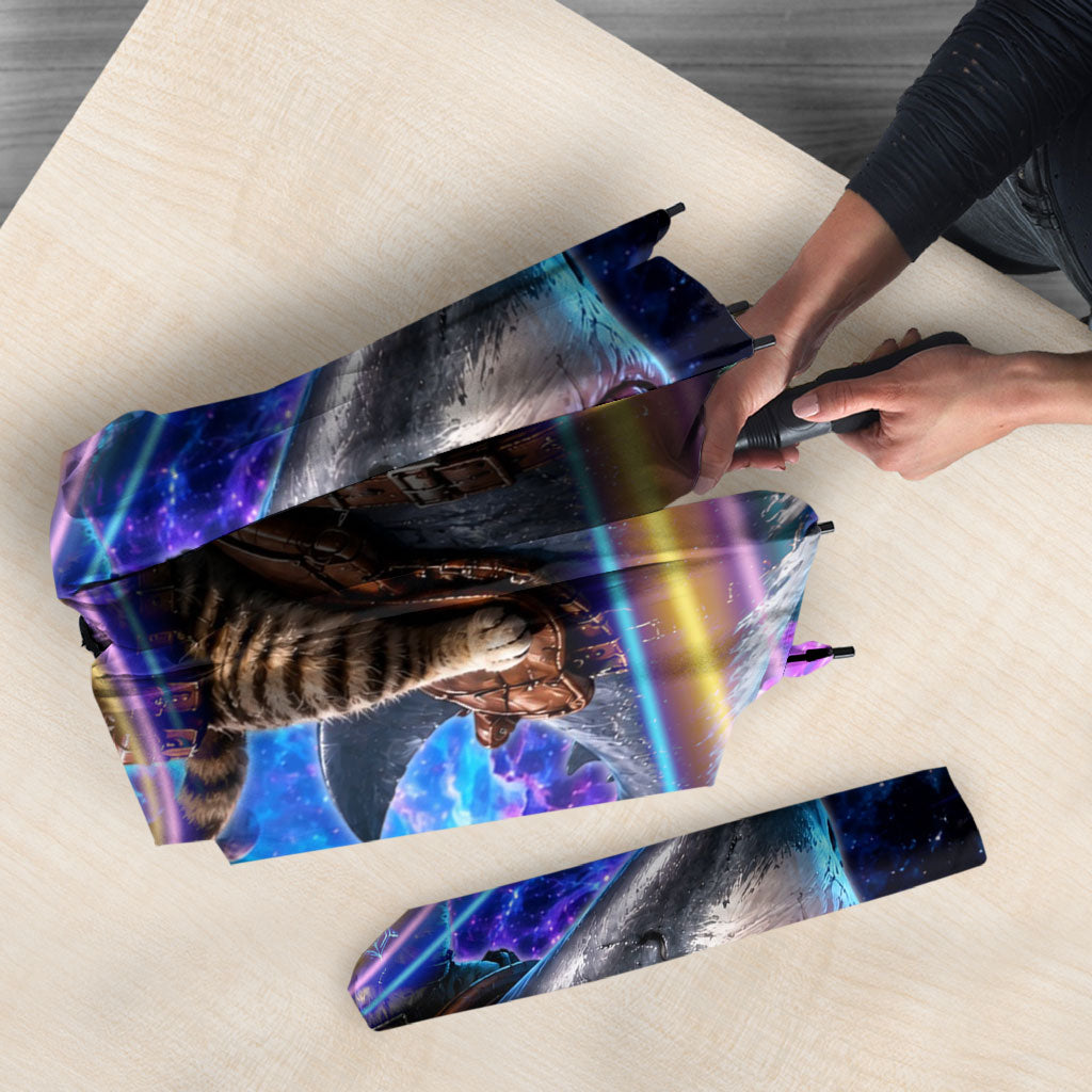 Cat Riding Shark In Space Umbrella Funny Cosmic Laser Cat And Shark Surreal Sci-Fi