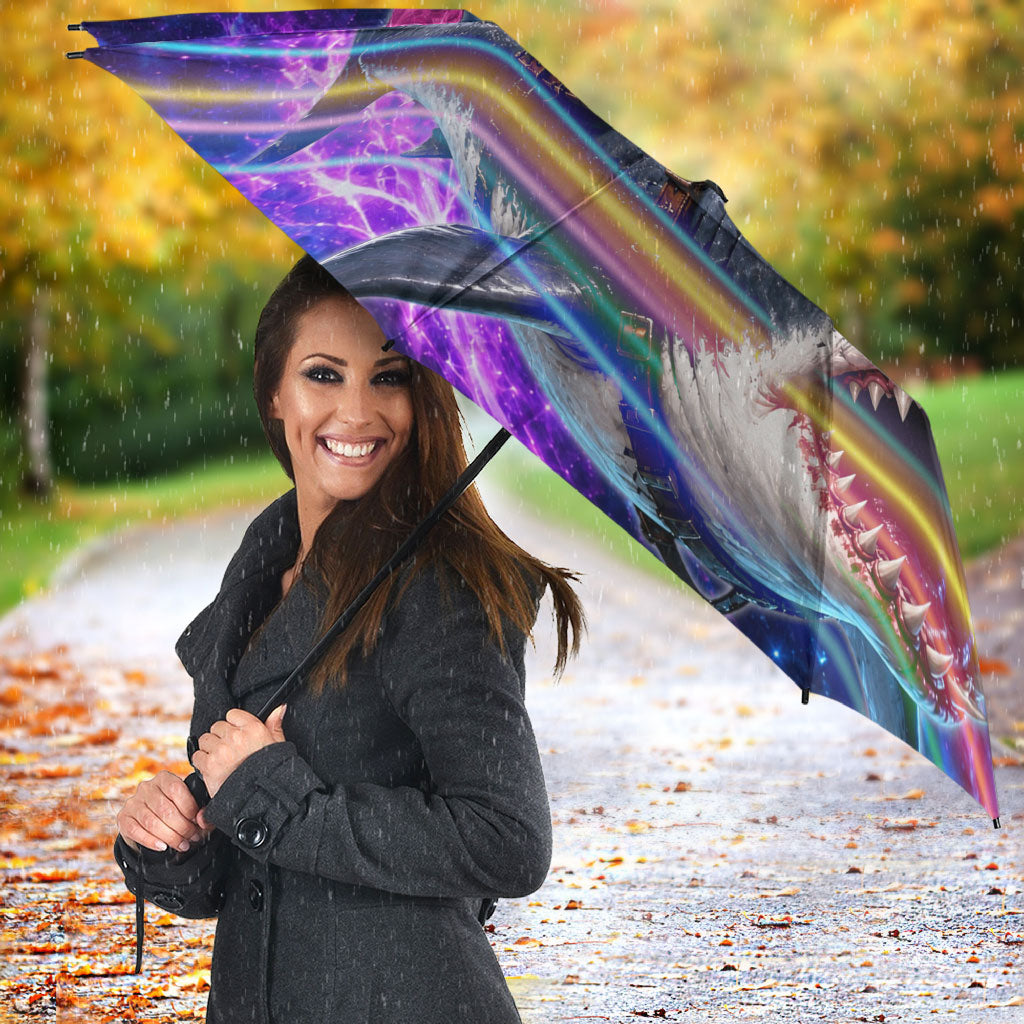 Cat Riding Shark In Space Umbrella Funny Cosmic Laser Cat And Shark Surreal Sci-Fi