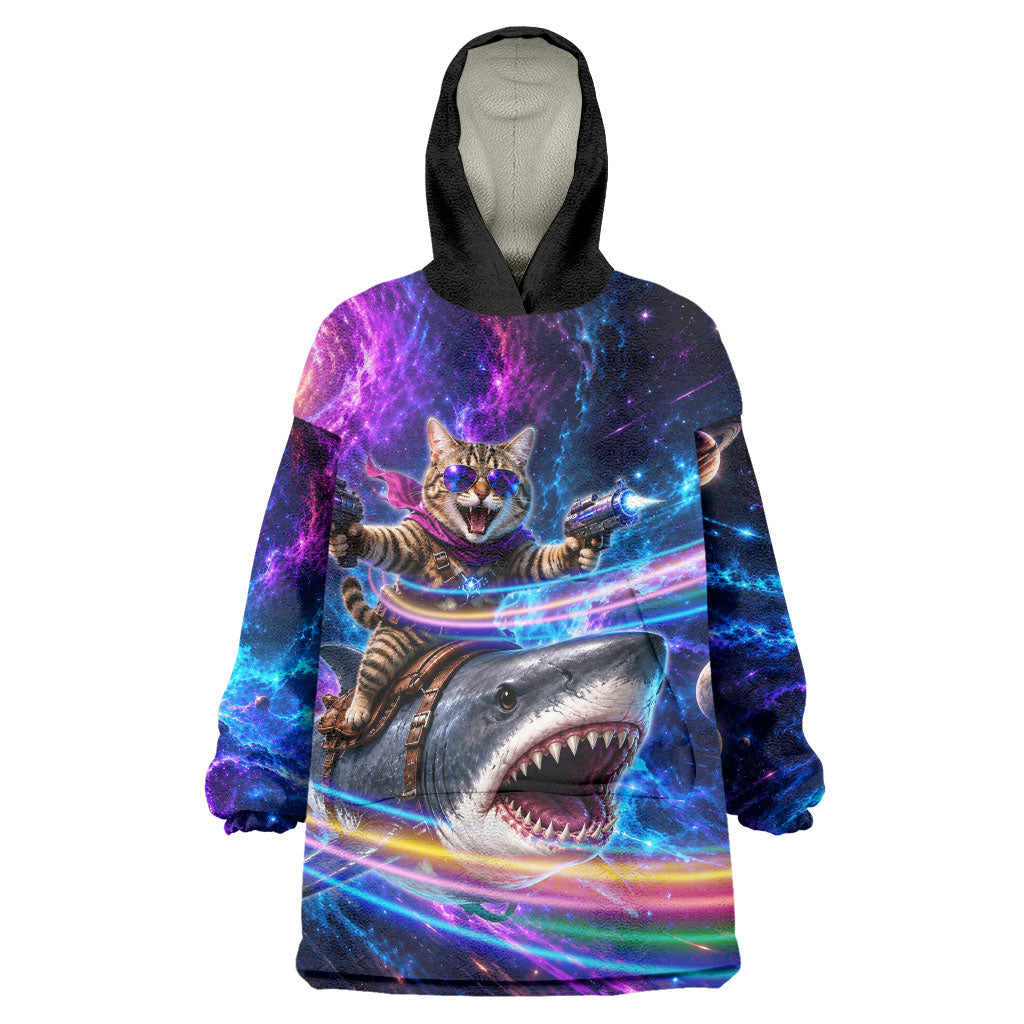 Cat Riding Shark In Space Wearable Blanket Hoodie Funny Cosmic Laser Cat And Shark Surreal Sci-Fi