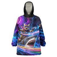 Cat Riding Shark In Space Wearable Blanket Hoodie Funny Cosmic Laser Cat And Shark Surreal Sci-Fi