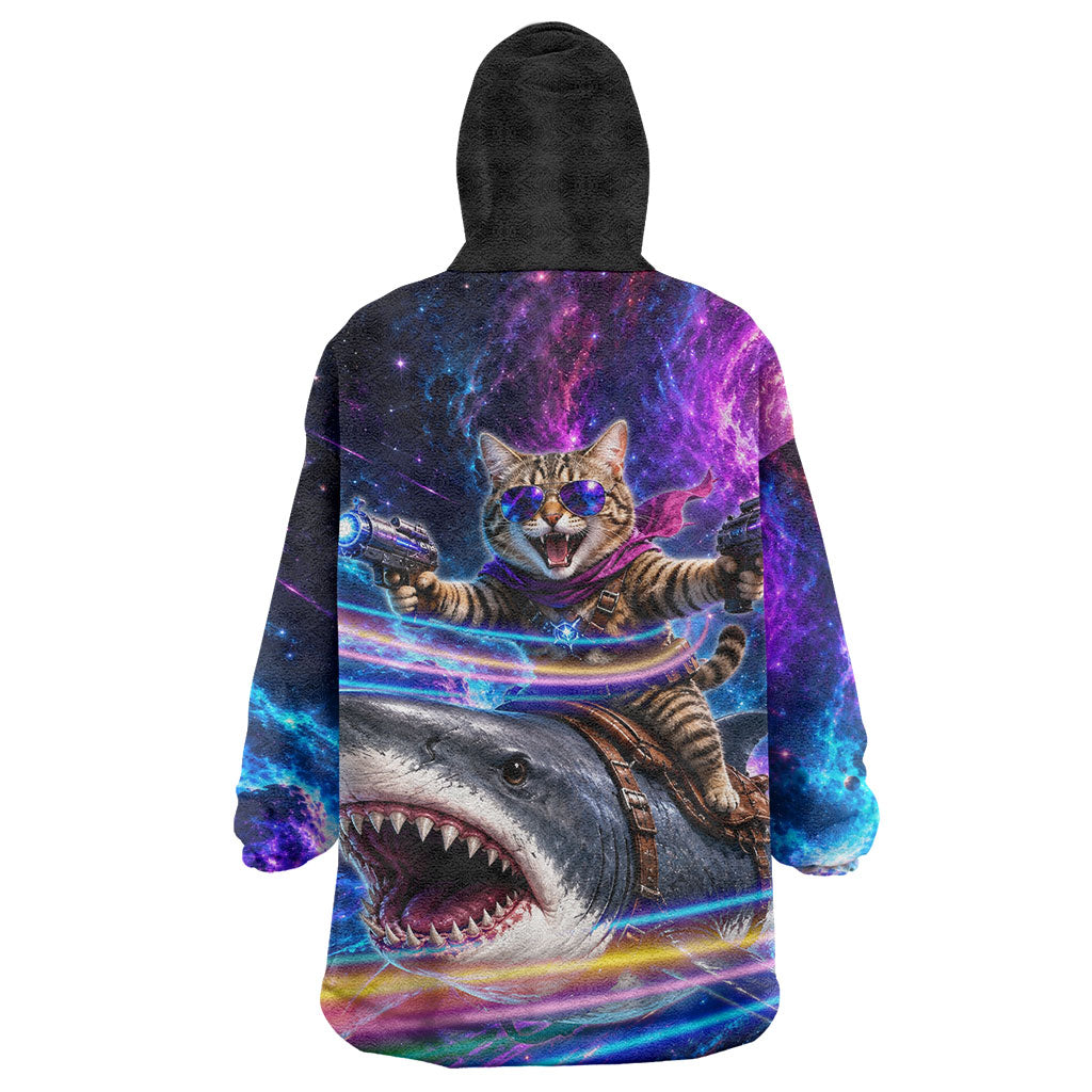 Cat Riding Shark In Space Wearable Blanket Hoodie Funny Cosmic Laser Cat And Shark Surreal Sci-Fi