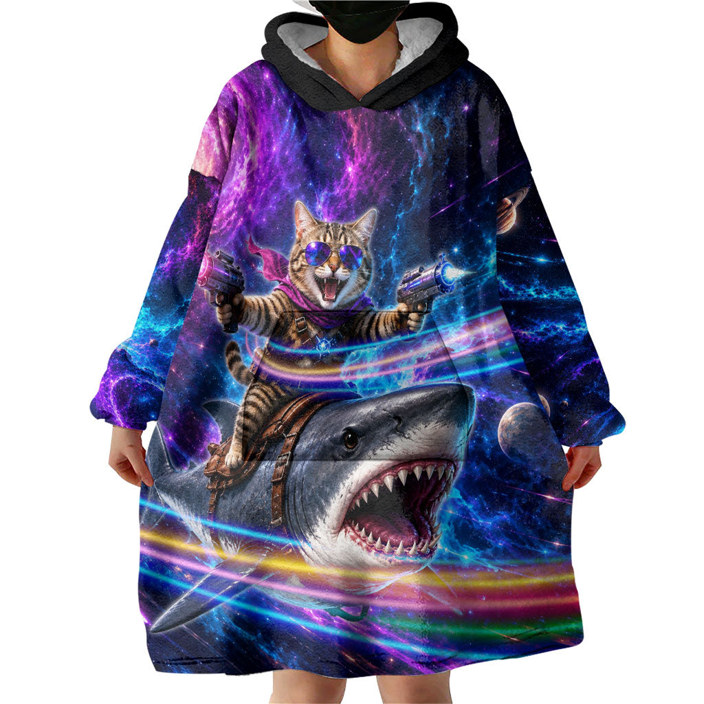 Cat Riding Shark In Space Wearable Blanket Hoodie Funny Cosmic Laser Cat And Shark Surreal Sci-Fi