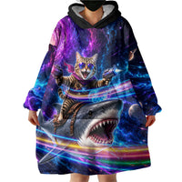Cat Riding Shark In Space Wearable Blanket Hoodie Funny Cosmic Laser Cat And Shark Surreal Sci-Fi