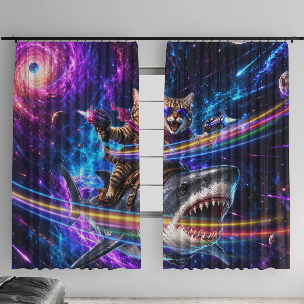 Cat Riding Shark In Space Window Curtain Funny Cosmic Laser Cat And Shark Surreal Sci-Fi