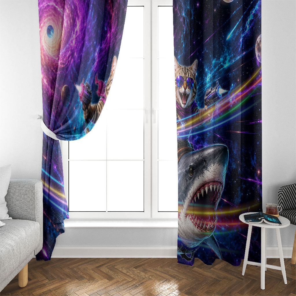 Cat Riding Shark In Space Window Curtain Funny Cosmic Laser Cat And Shark Surreal Sci-Fi