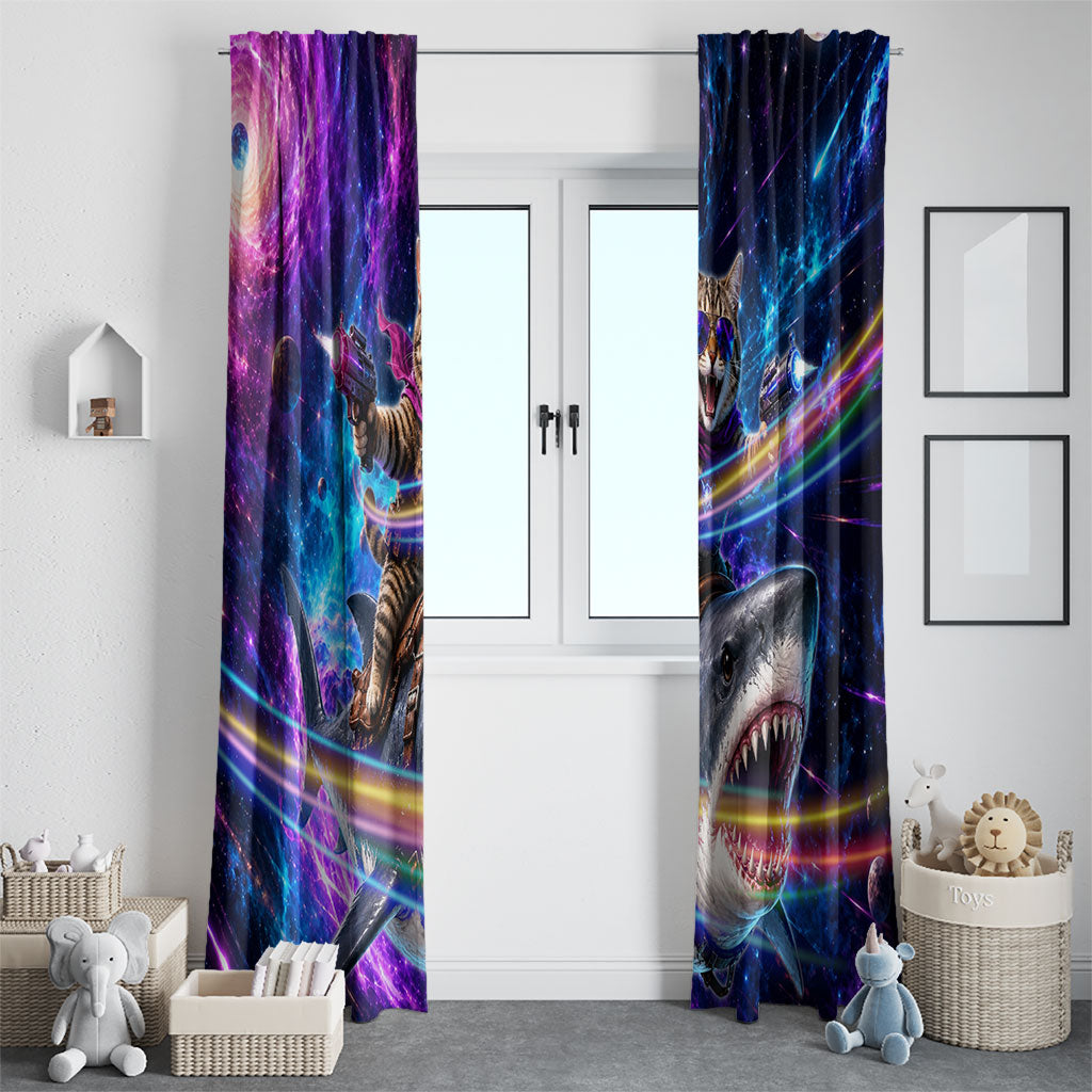 Cat Riding Shark In Space Window Curtain Funny Cosmic Laser Cat And Shark Surreal Sci-Fi