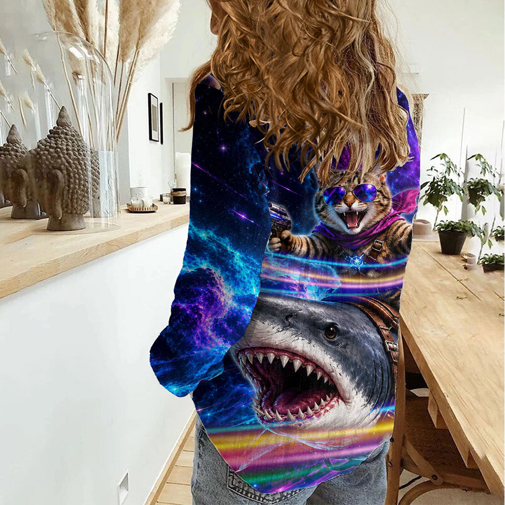 Cat Riding Shark In Space Women Casual Shirt Funny Cosmic Laser Cat And Shark Surreal Sci-Fi