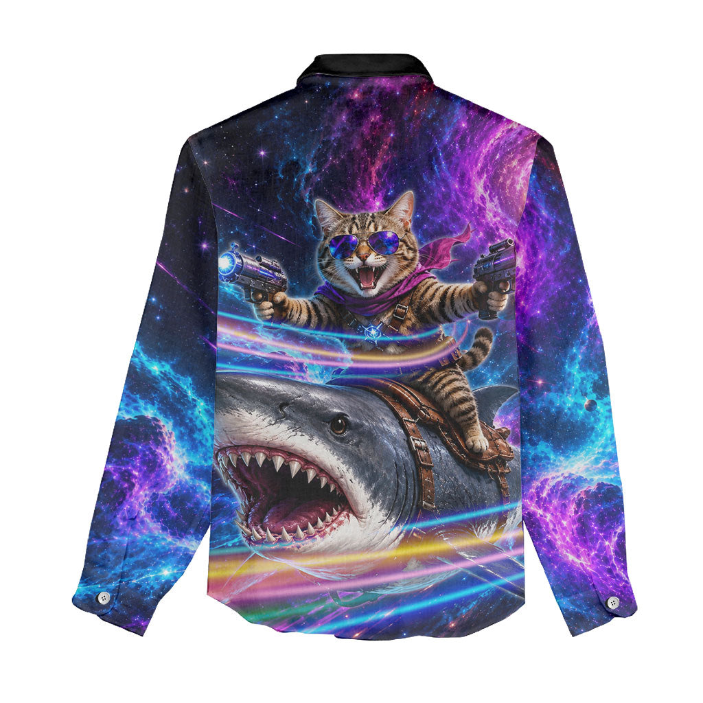 Cat Riding Shark In Space Women Casual Shirt Funny Cosmic Laser Cat And Shark Surreal Sci-Fi