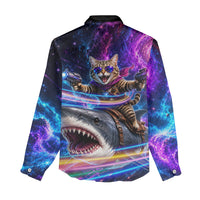Cat Riding Shark In Space Women Casual Shirt Funny Cosmic Laser Cat And Shark Surreal Sci-Fi