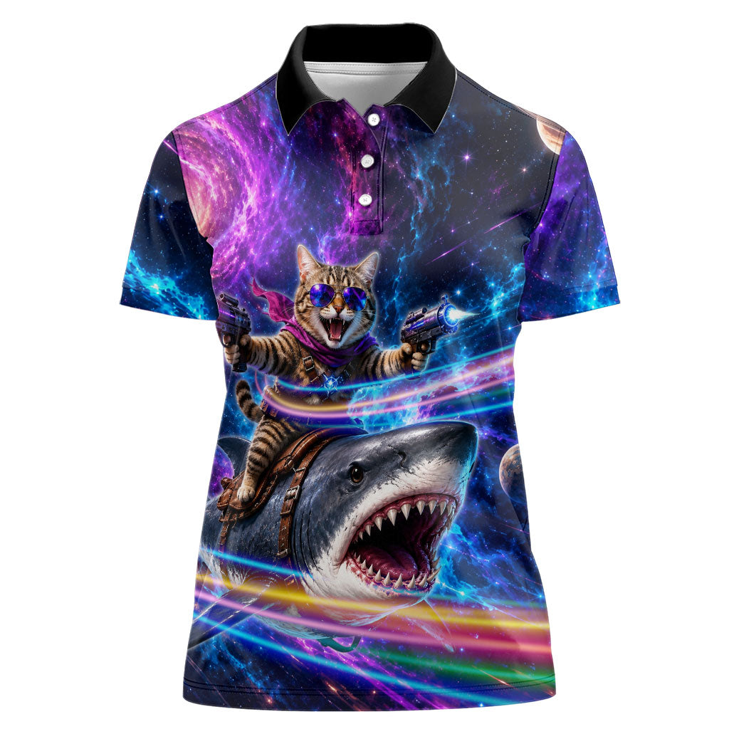 Cat Riding Shark In Space Women Polo Shirt Funny Cosmic Laser Cat And Shark Surreal Sci-Fi