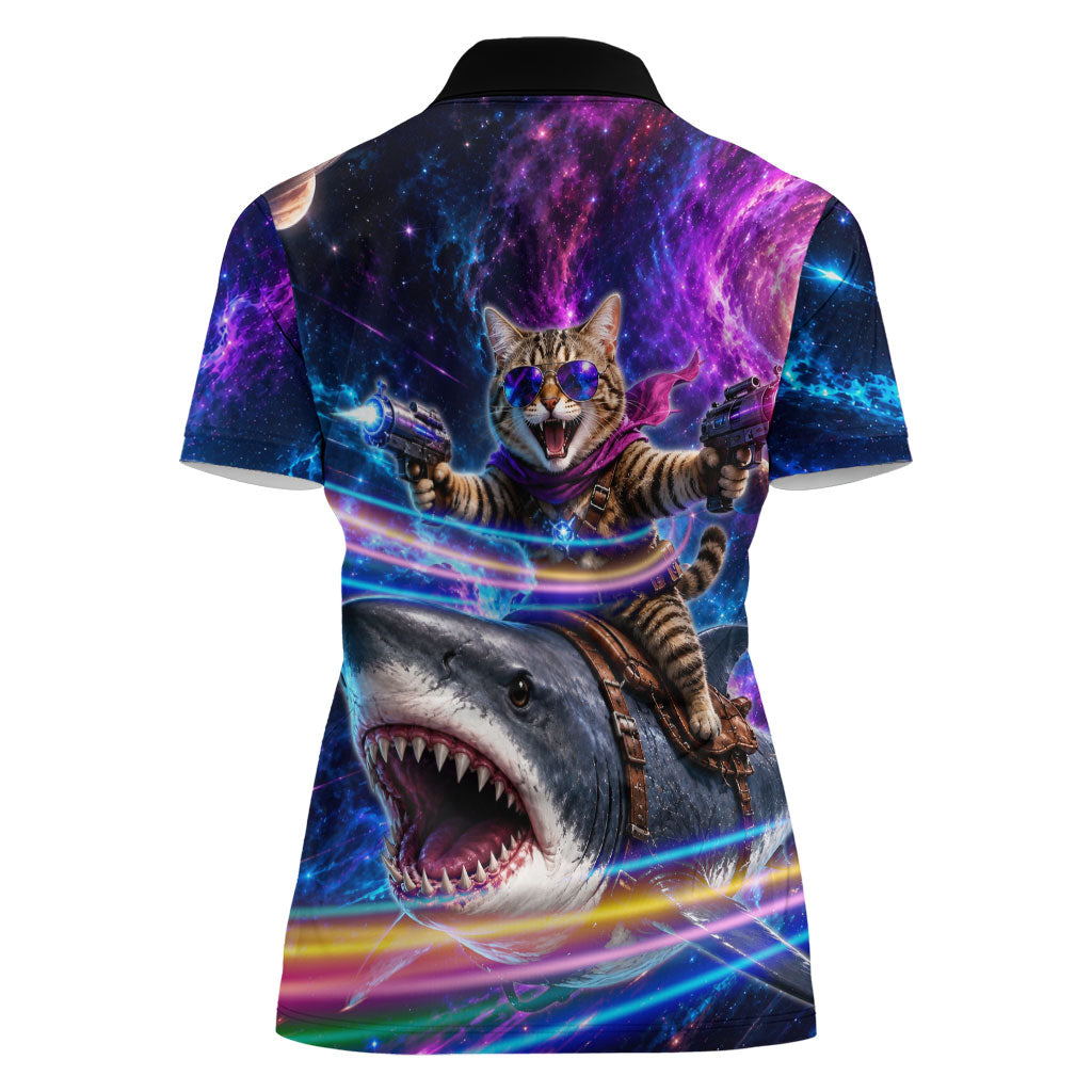 Cat Riding Shark In Space Women Polo Shirt Funny Cosmic Laser Cat And Shark Surreal Sci-Fi