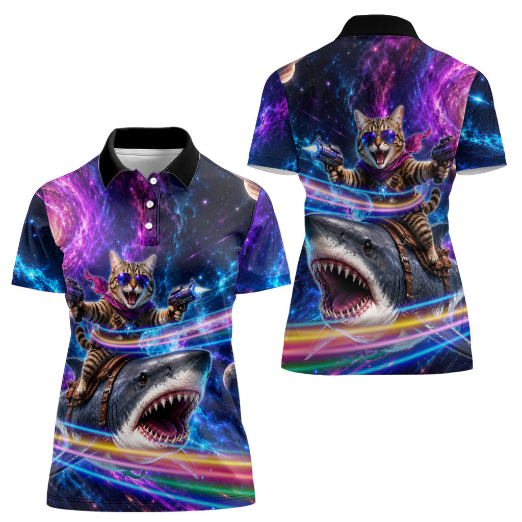 Cat Riding Shark In Space Women Polo Shirt Funny Cosmic Laser Cat And Shark Surreal Sci-Fi