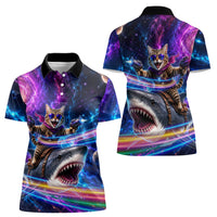 Cat Riding Shark In Space Women Polo Shirt Funny Cosmic Laser Cat And Shark Surreal Sci-Fi