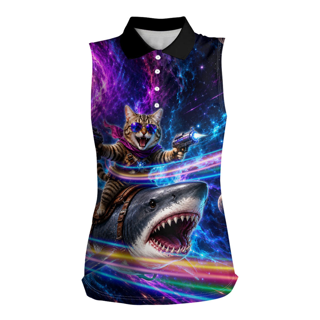 Cat Riding Shark In Space Women Sleeveless Polo Shirt Funny Cosmic Laser Cat And Shark Surreal Sci-Fi