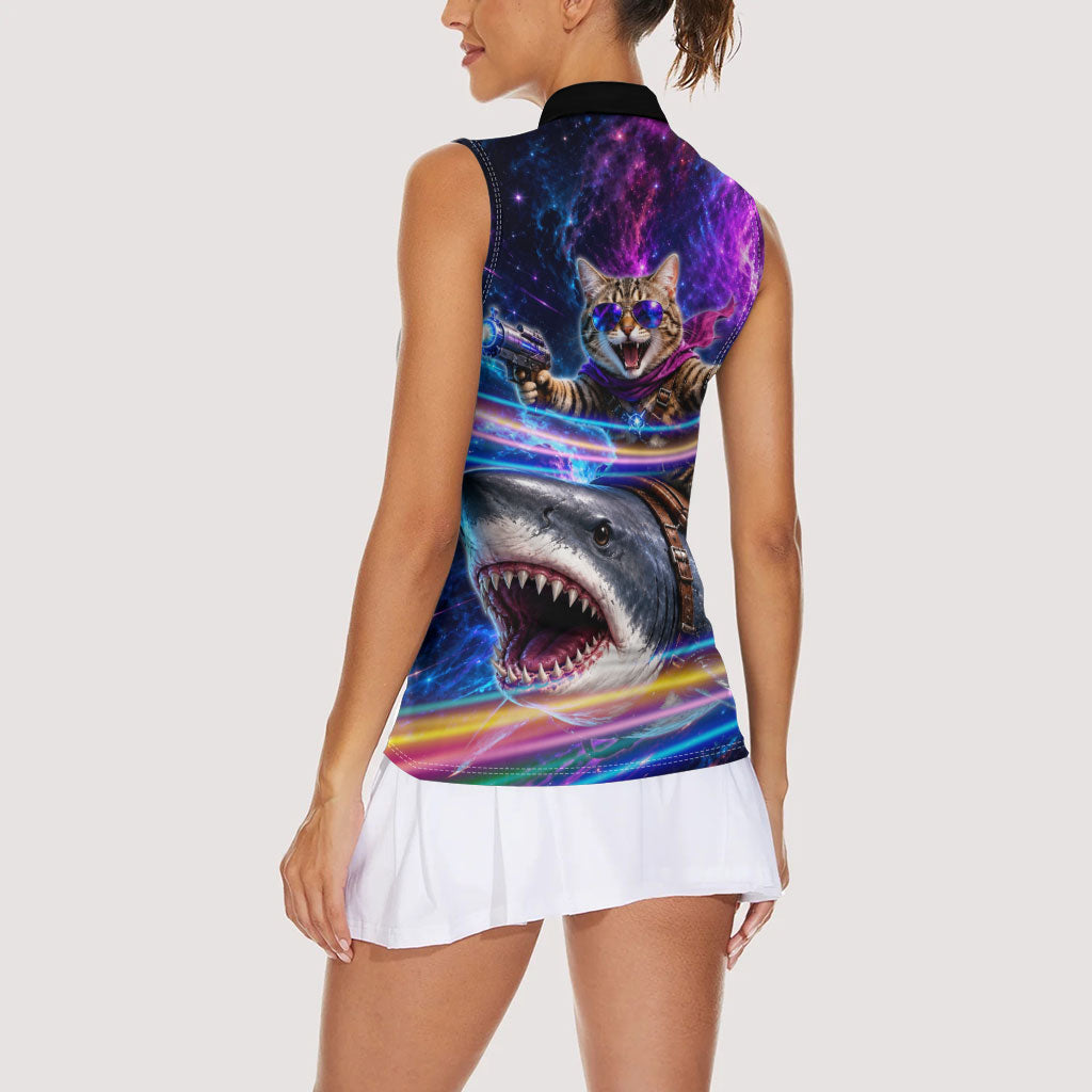 Cat Riding Shark In Space Women Sleeveless Polo Shirt Funny Cosmic Laser Cat And Shark Surreal Sci-Fi
