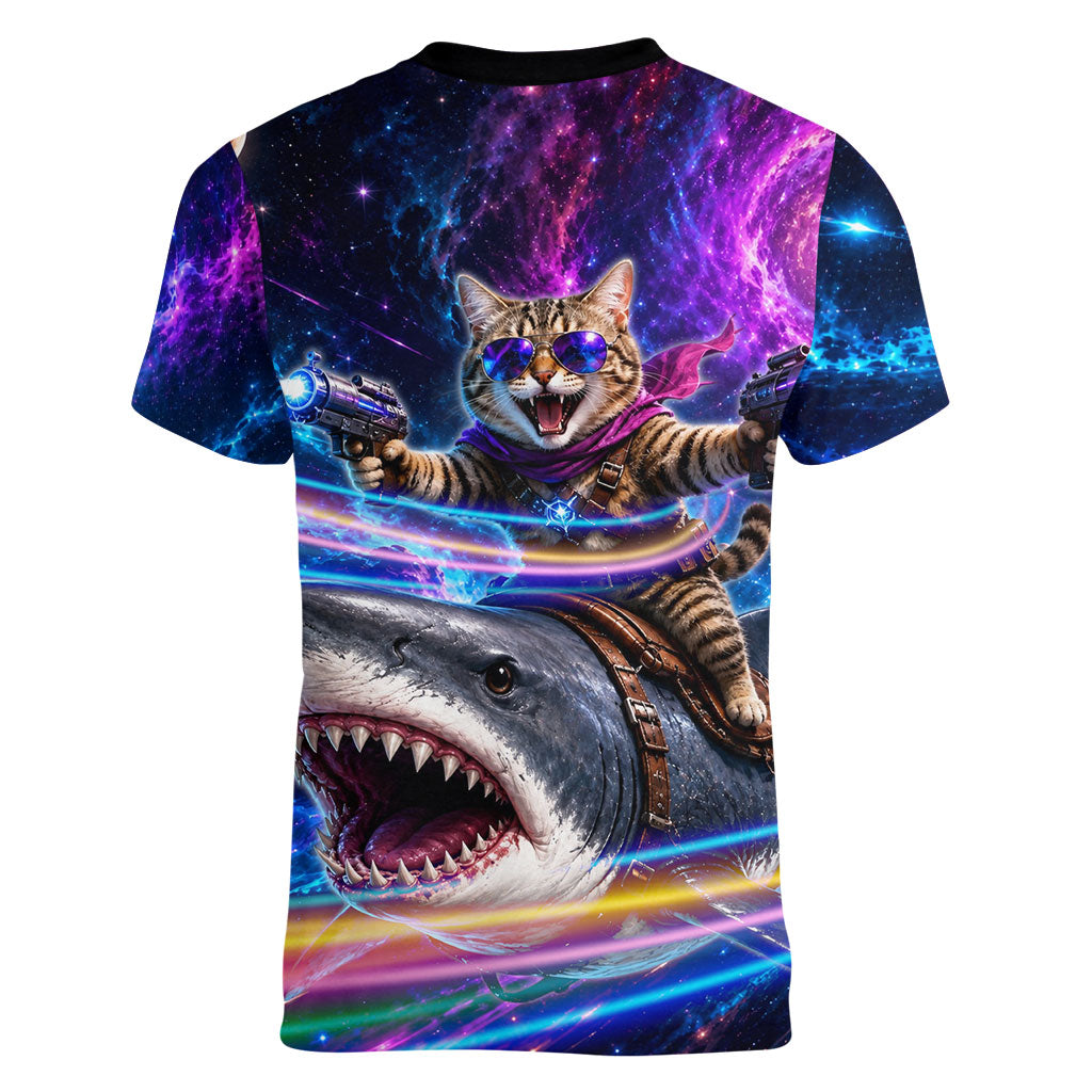 Cat Riding Shark In Space Women V-Neck T-Shirt Funny Cosmic Laser Cat And Shark Surreal Sci-Fi