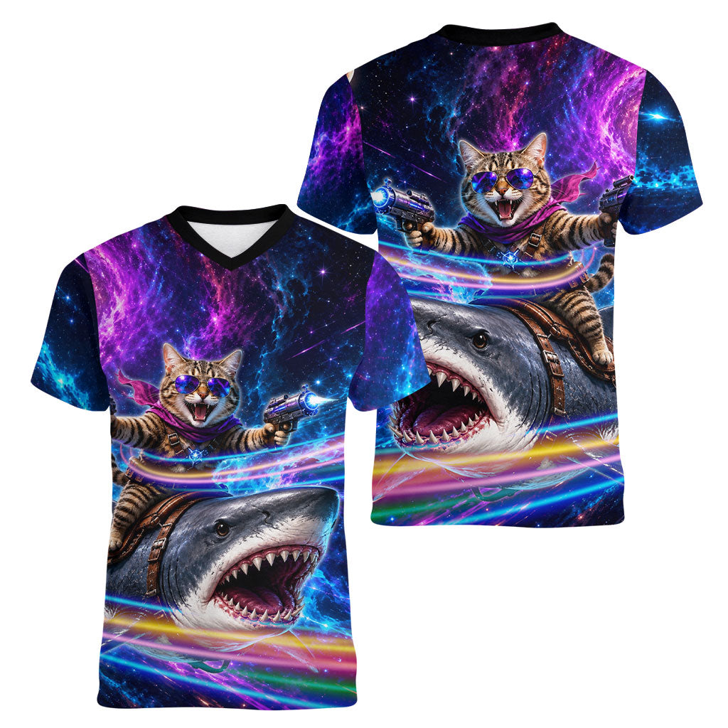 Cat Riding Shark In Space Women V-Neck T-Shirt Funny Cosmic Laser Cat And Shark Surreal Sci-Fi