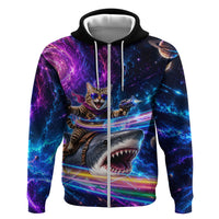 Cat Riding Shark In Space Zip Hoodie Funny Cosmic Laser Cat And Shark Surreal Sci-Fi