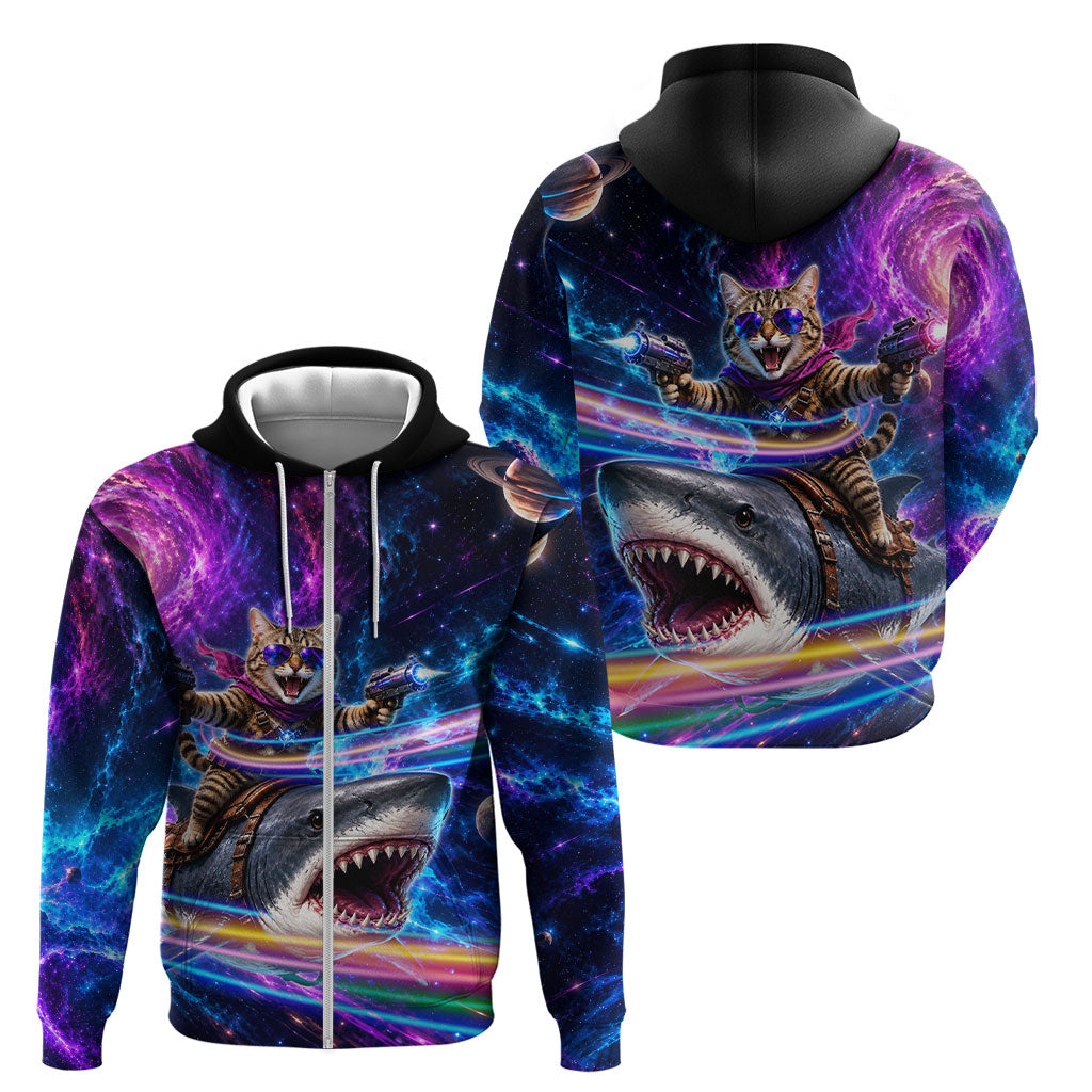 Cat Riding Shark In Space Zip Hoodie Funny Cosmic Laser Cat And Shark Surreal Sci-Fi