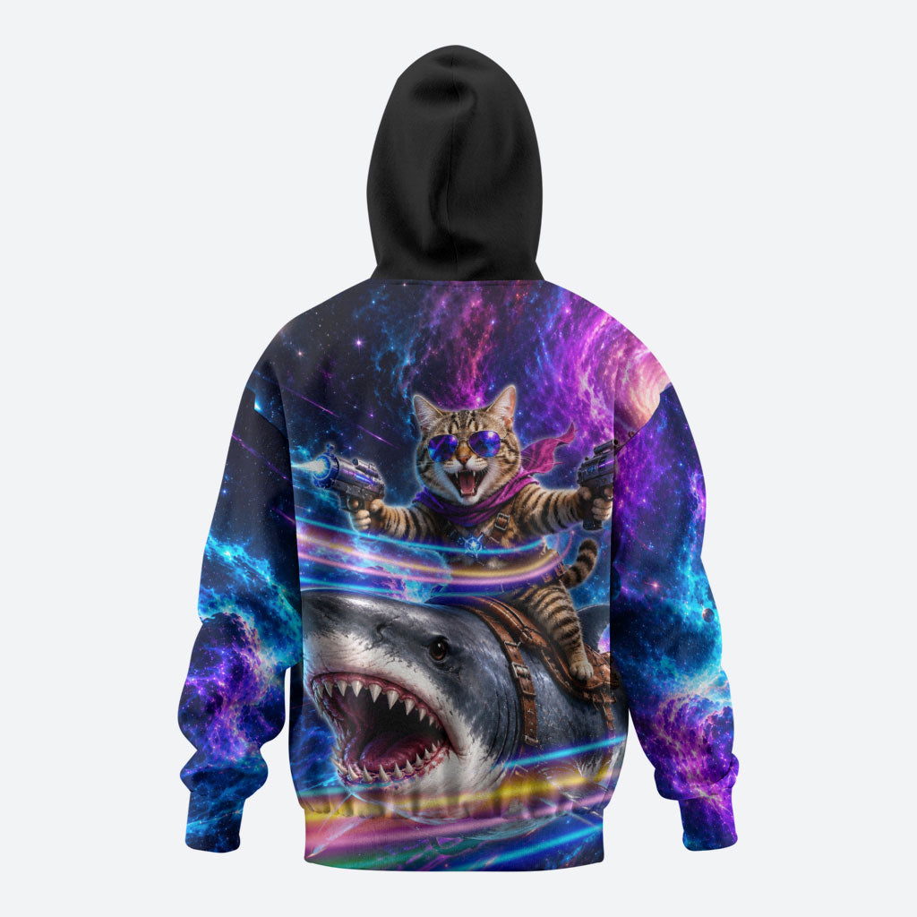 Cat Riding Shark In Space Zip Hoodie Funny Cosmic Laser Cat And Shark Surreal Sci-Fi
