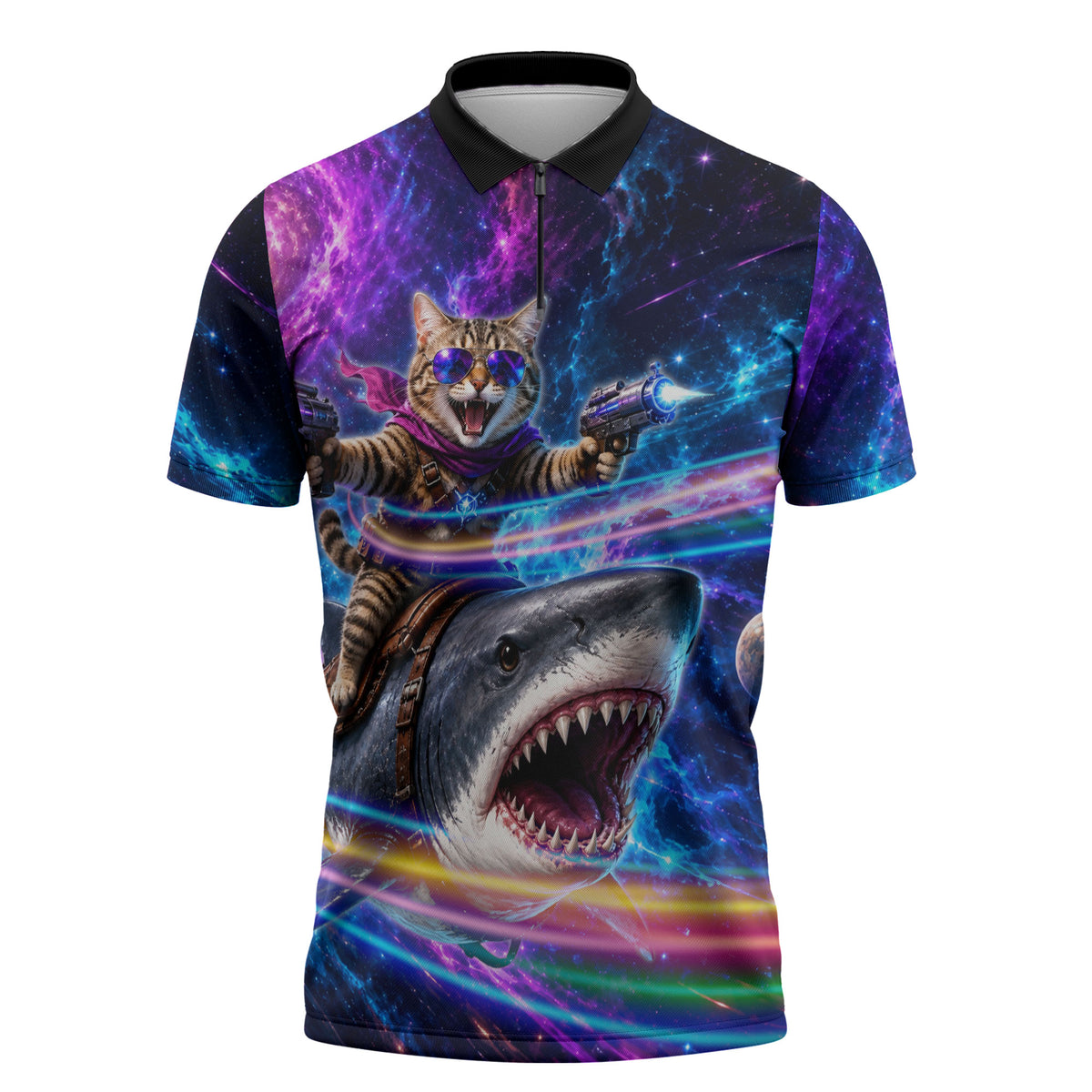 Cat Riding Shark In Space Zipper Polo Shirt Funny Cosmic Laser Cat And Shark Surreal Sci-Fi