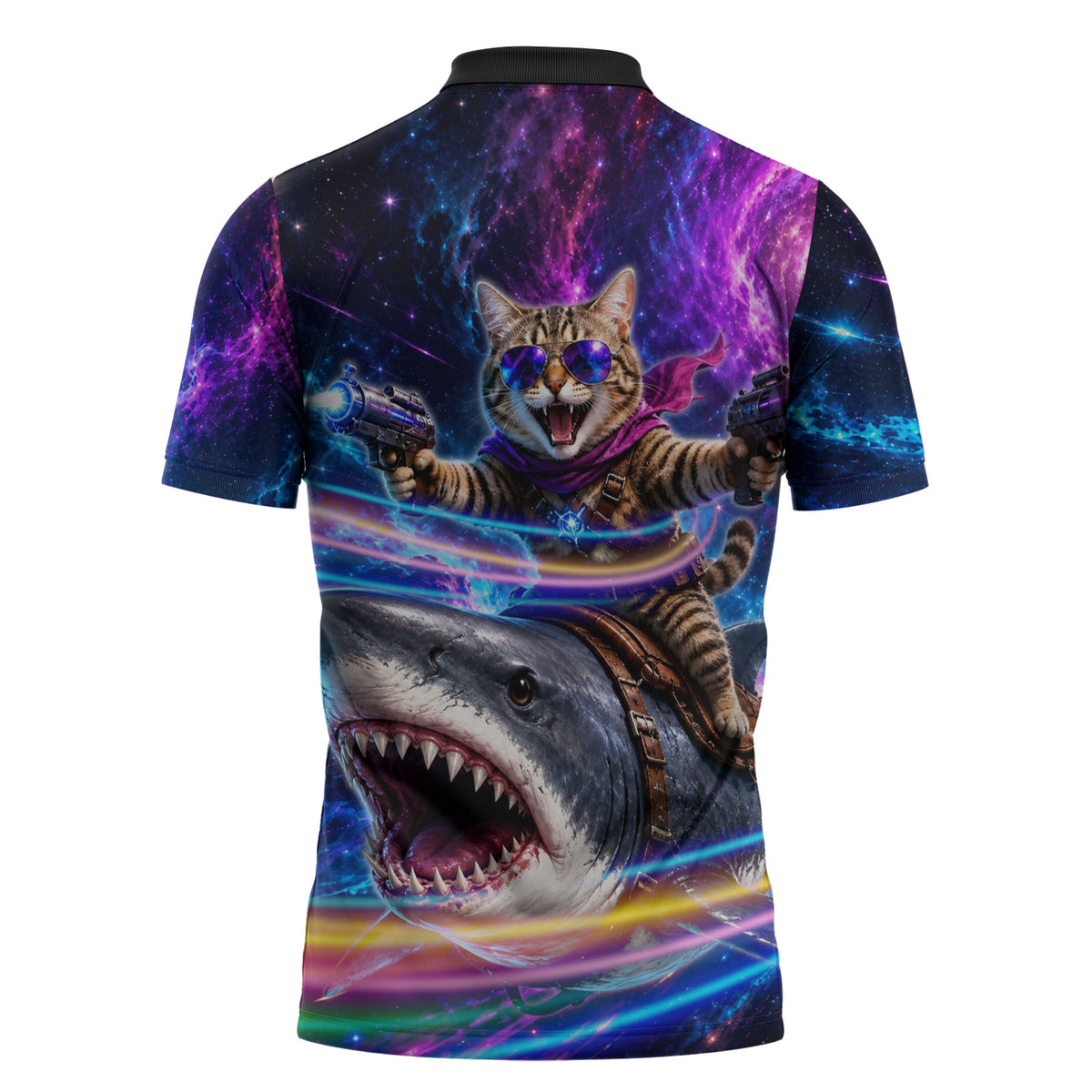 Cat Riding Shark In Space Zipper Polo Shirt Funny Cosmic Laser Cat And Shark Surreal Sci-Fi