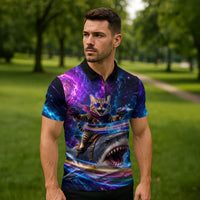 Cat Riding Shark In Space Zipper Polo Shirt Funny Cosmic Laser Cat And Shark Surreal Sci-Fi