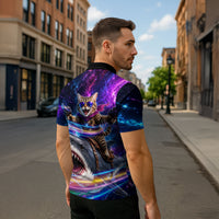 Cat Riding Shark In Space Zipper Polo Shirt Funny Cosmic Laser Cat And Shark Surreal Sci-Fi
