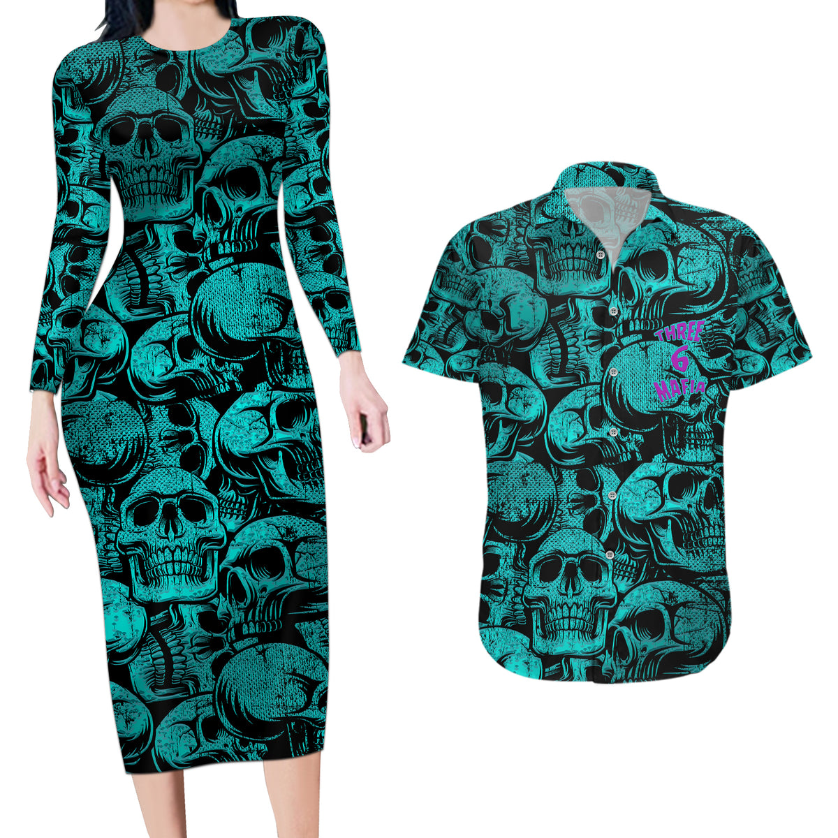 Three 6 Mafia Skull Couples Matching Long Sleeve Bodycon Dress and Hawaiian Shirt Three 6 Mafia - Wonder Print Shop