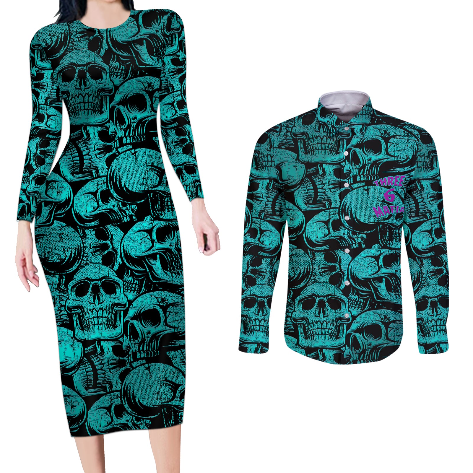 Three 6 Mafia Skull Couples Matching Long Sleeve Bodycon Dress and Long Sleeve Button Shirts Three 6 Mafia - Wonder Print Shop