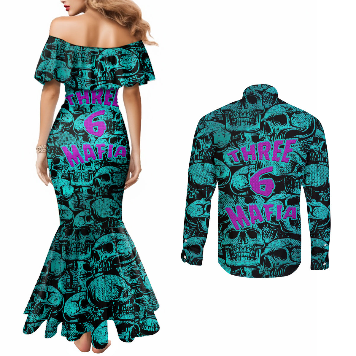 three-6-mafia-skull-couples-matching-mermaid-dress-and-long-sleeve-button-shirts-three-6-mafia