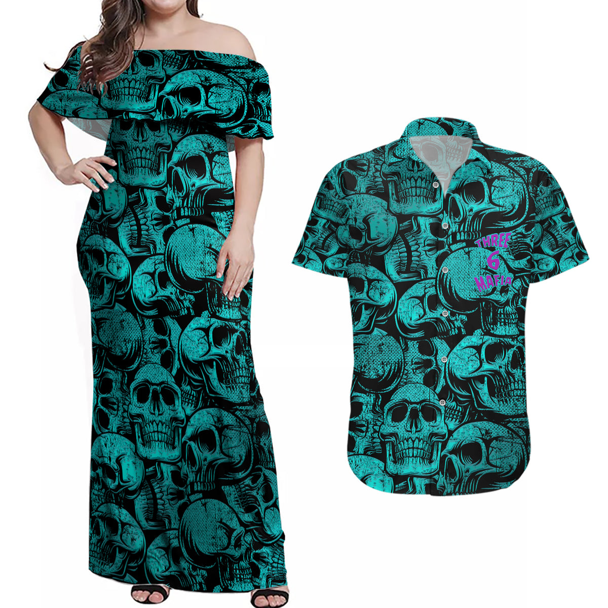 Three 6 Mafia Skull Couples Matching Off Shoulder Maxi Dress and Hawaiian Shirt Three 6 Mafia - Wonder Print Shop