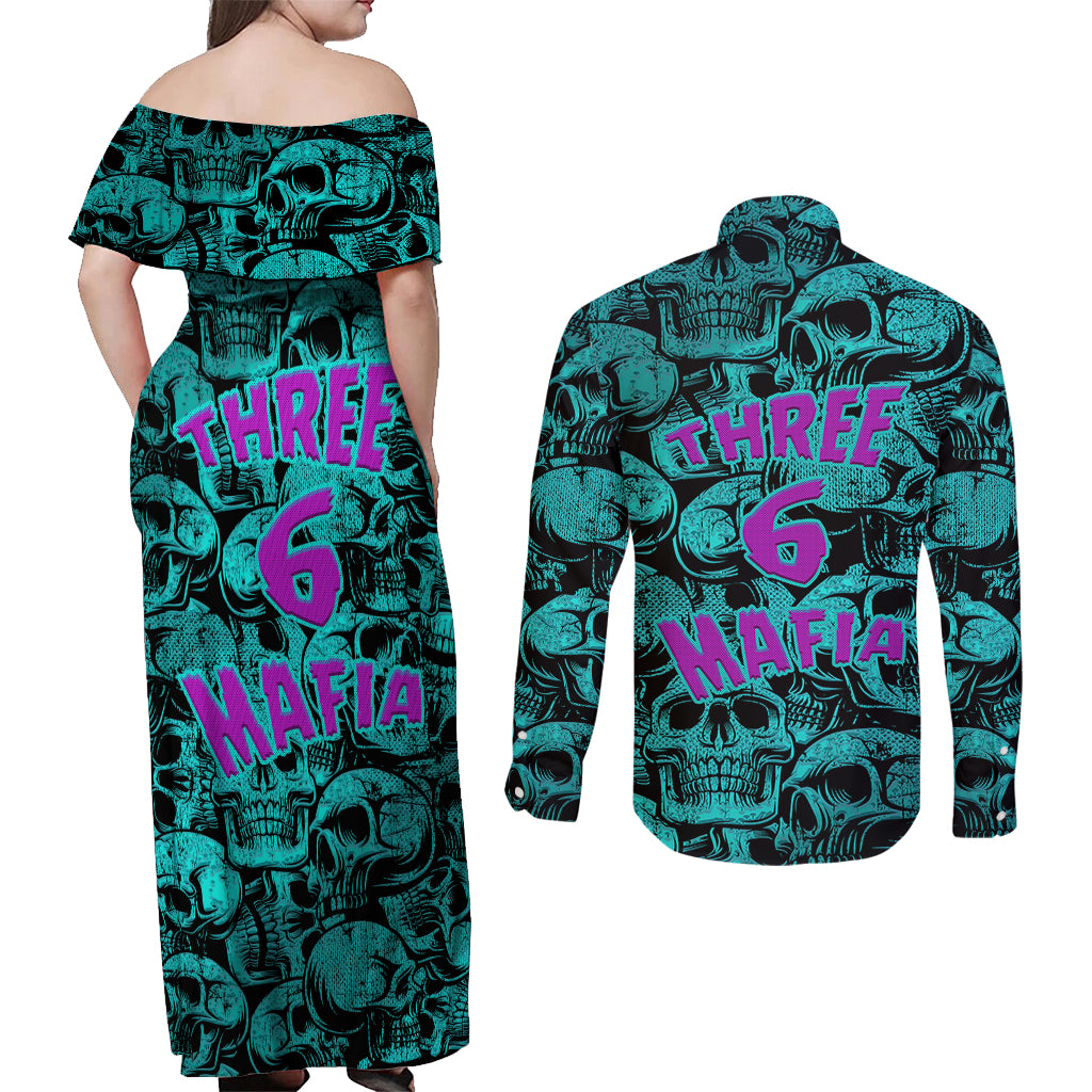 Three 6 Mafia Skull Couples Matching Off Shoulder Maxi Dress and Long Sleeve Button Shirts Three 6 Mafia - Wonder Print Shop