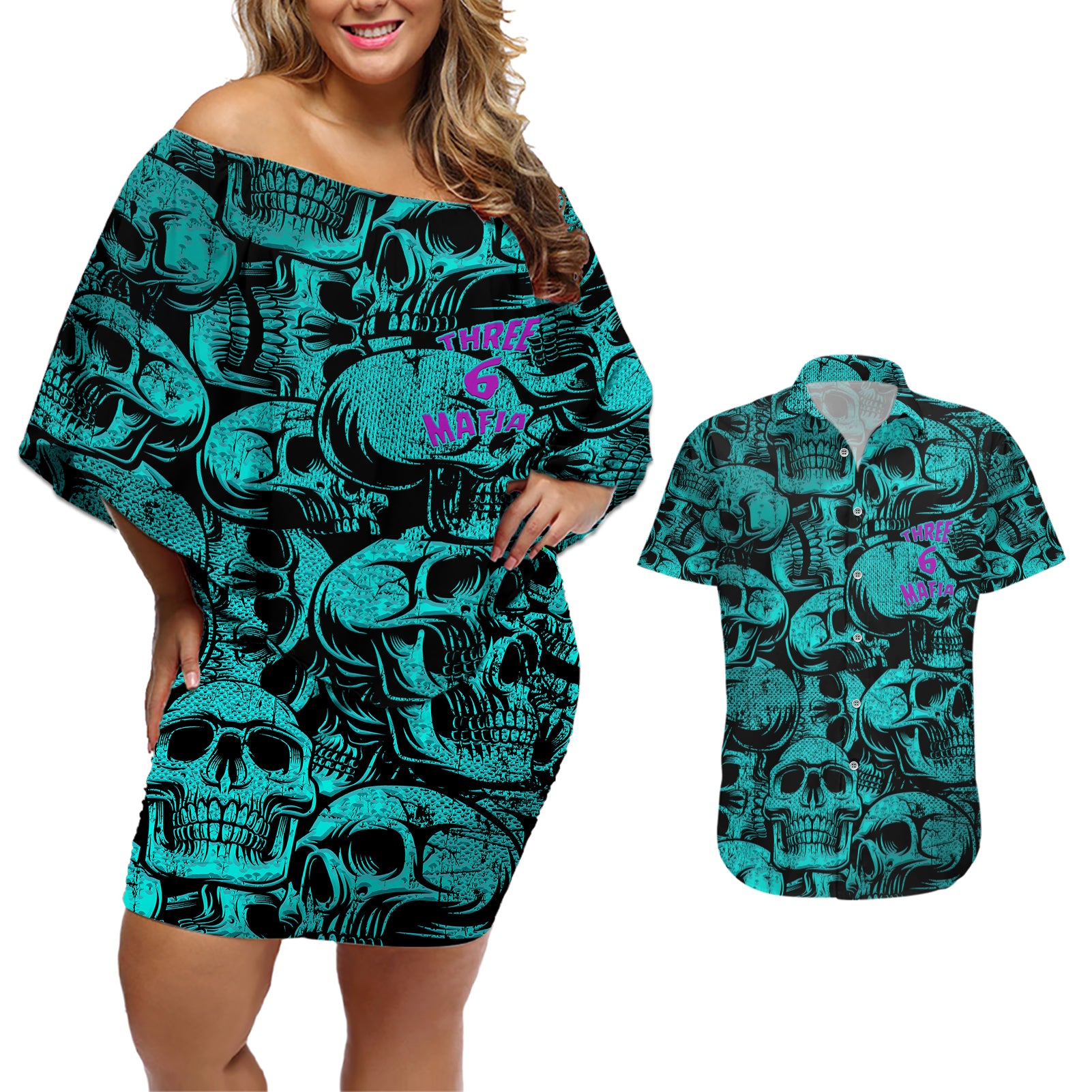 Three 6 Mafia Skull Couples Matching Off Shoulder Short Dress and Hawaiian Shirt Three 6 Mafia - Wonder Print Shop