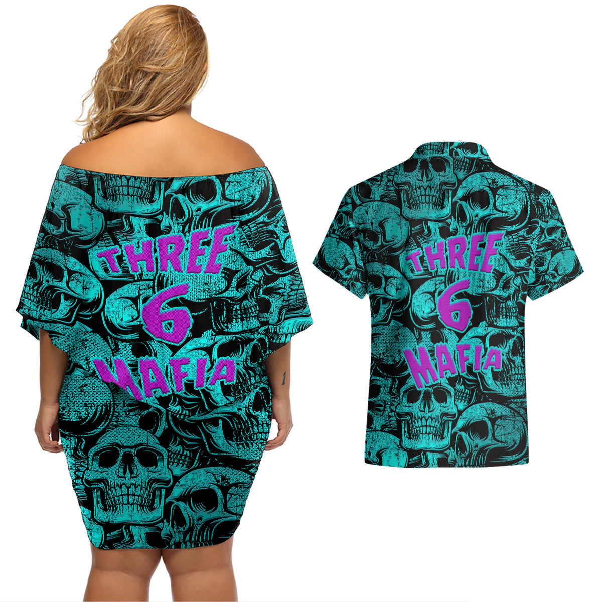 Three 6 Mafia Skull Couples Matching Off Shoulder Short Dress and Hawaiian Shirt Three 6 Mafia - Wonder Print Shop