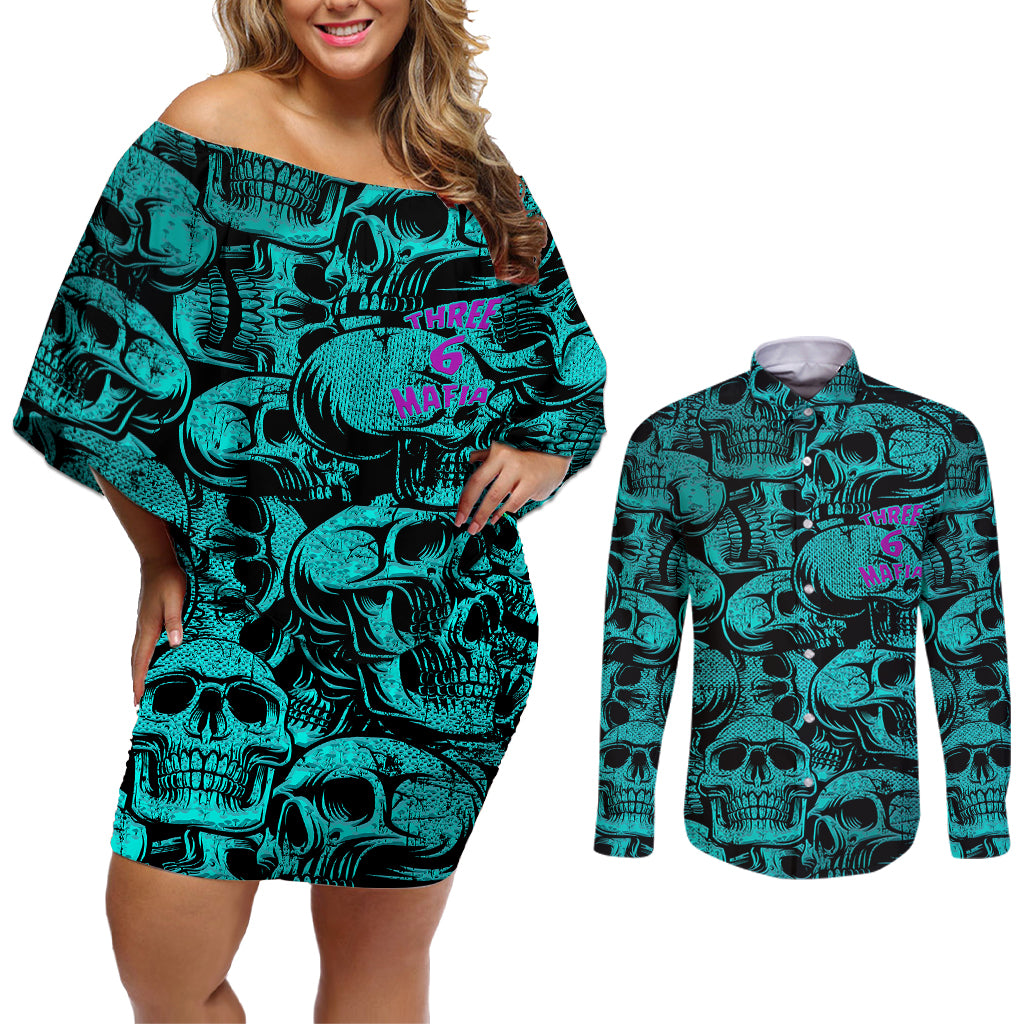 Three 6 Mafia Skull Couples Matching Off Shoulder Short Dress and Long Sleeve Button Shirts Three 6 Mafia - Wonder Print Shop