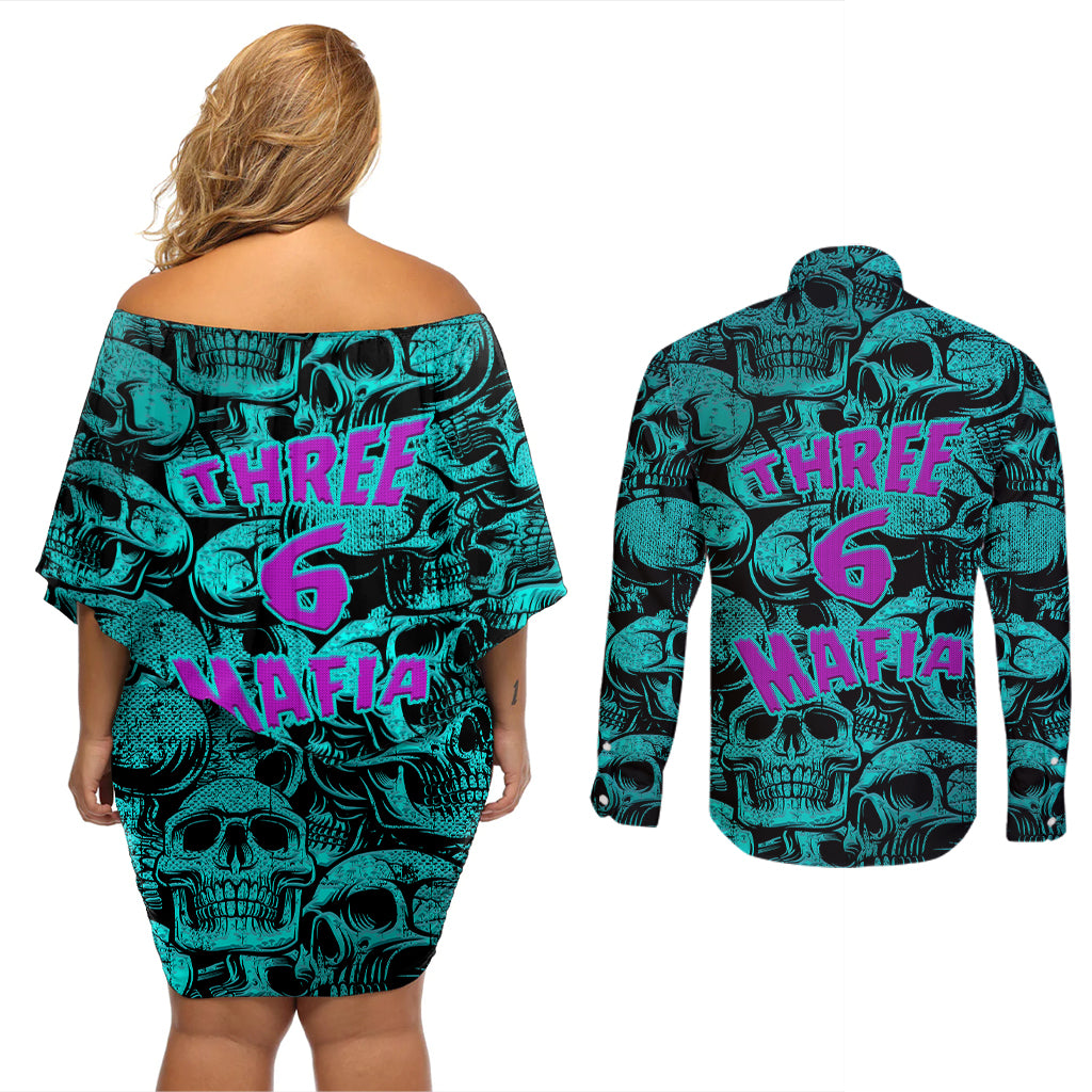 Three 6 Mafia Skull Couples Matching Off Shoulder Short Dress and Long Sleeve Button Shirts Three 6 Mafia - Wonder Print Shop