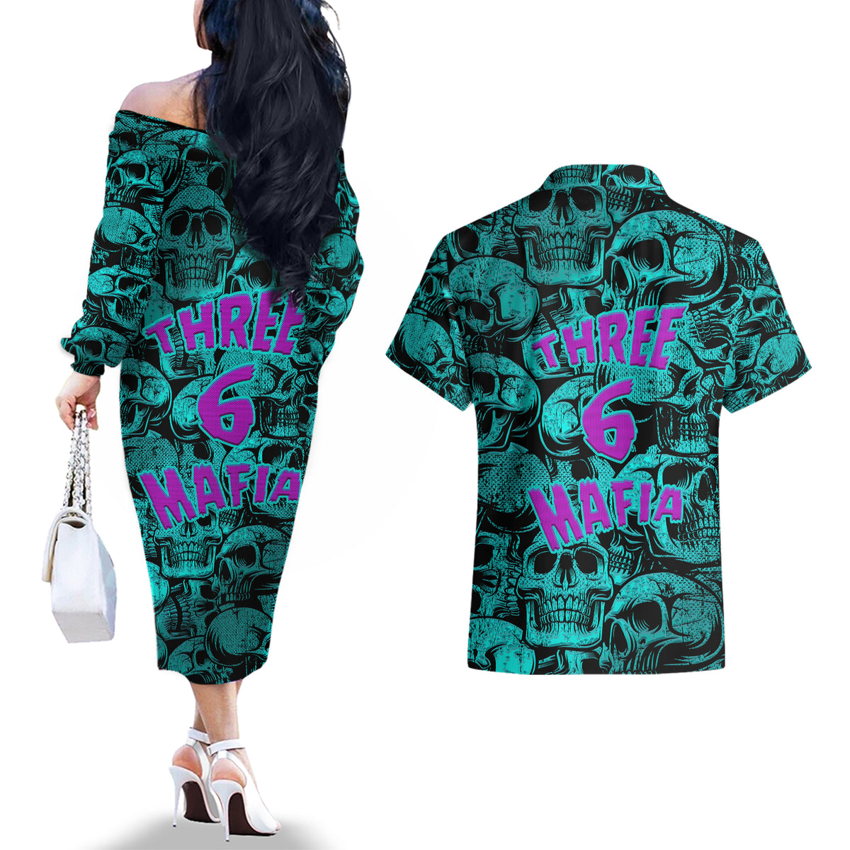 Three 6 Mafia Skull Couples Matching Off The Shoulder Long Sleeve Dress and Hawaiian Shirt Three 6 Mafia - Wonder Print Shop