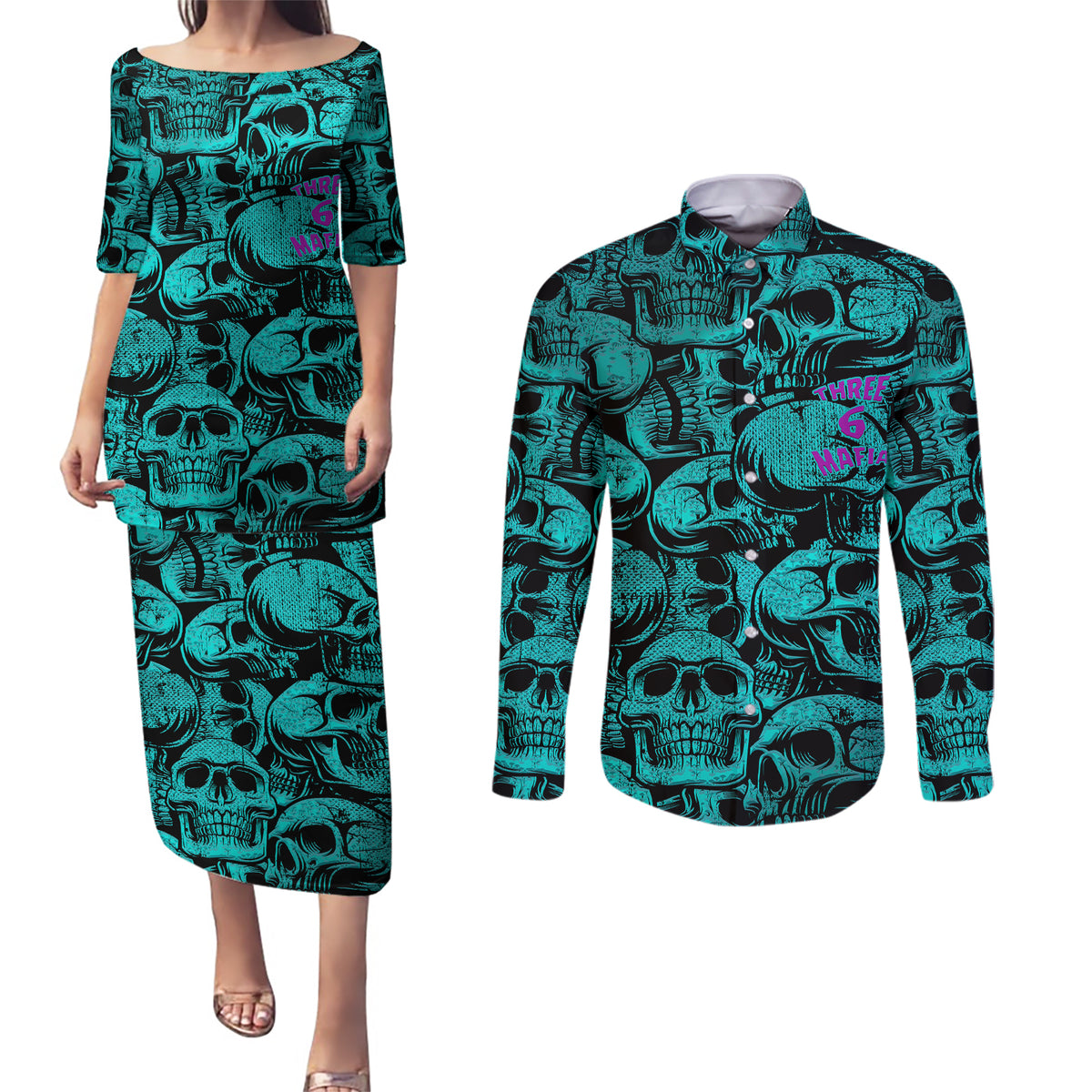 Three 6 Mafia Skull Couples Matching Puletasi Dress and Long Sleeve Button Shirts Three 6 Mafia - Wonder Print Shop
